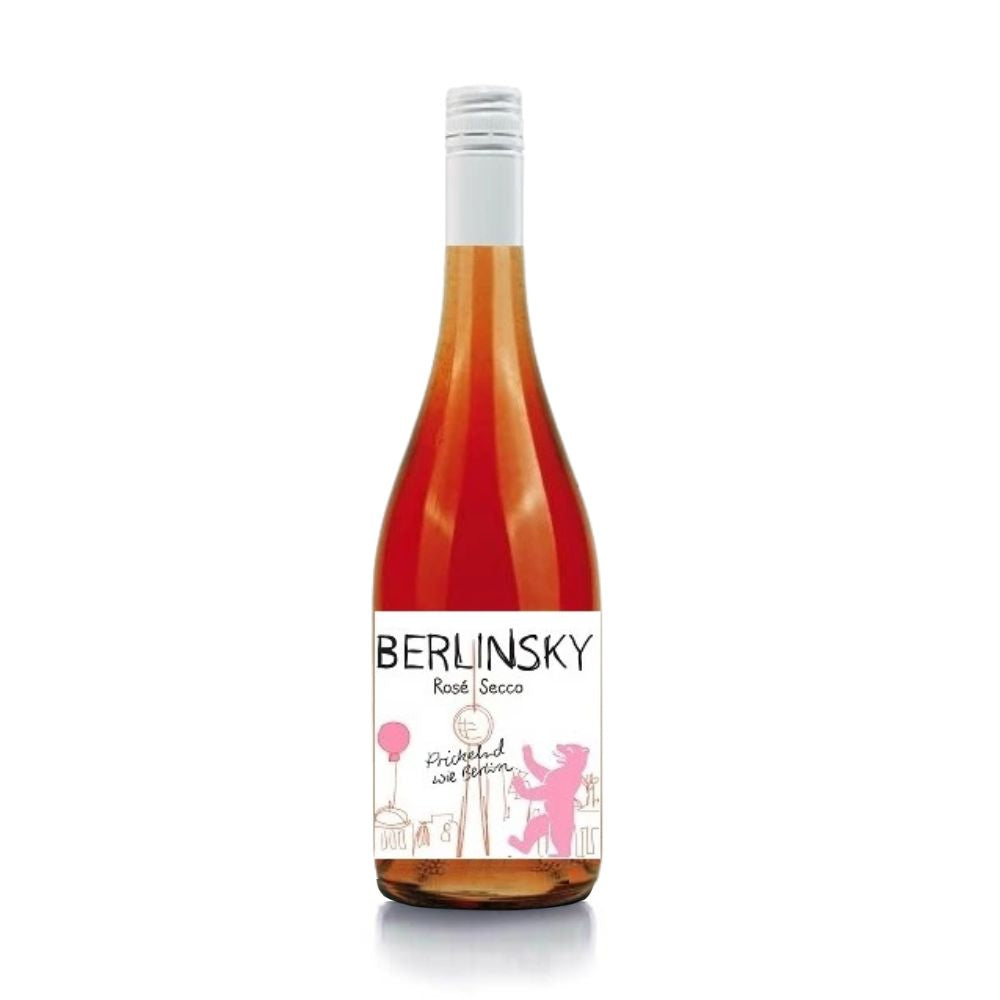 Berlinsky Rosé Secco BIO 0,75 l – elegante Flasche mit weißem Schraubverschluss und pinkem Berliner Etikett. Leichter, fruchtiger Perlwein in Bio-Qualität – prickelnd, regional, ideal für Sommerterrasse, Event oder Geschenkbox.