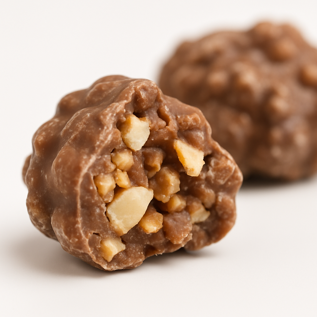 Nahaufnahme eines aufgebrochenen Schoko-Clusters mit Cashewkernen und Karamellstückchen im Inneren.