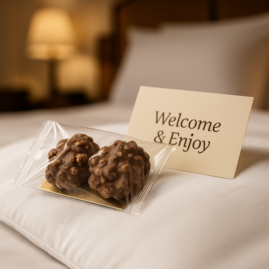Zwei einzeln verpackte Schoko-Cluster auf einem Hotelbett mit Begrüßungskarte „Welcome & Enjoy“.