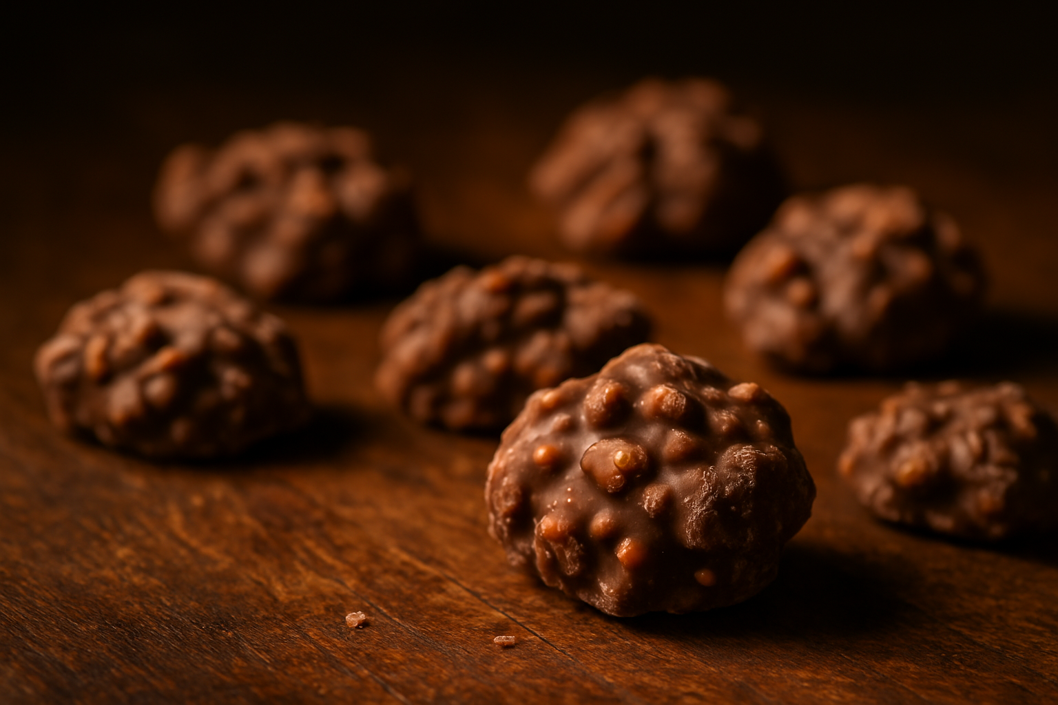 Ein Schoko-Cluster mit Cashews und Meersalz im Fokus, weitere liegen unscharf im Hintergrund auf Holz.