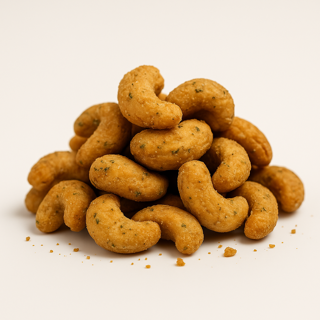 Goldgelbe Cashews, trocken geröstet und mit Knoblauch und Rosmarin verfeinert – edler Snack für Hotel-Lounges und Business-Präsente.