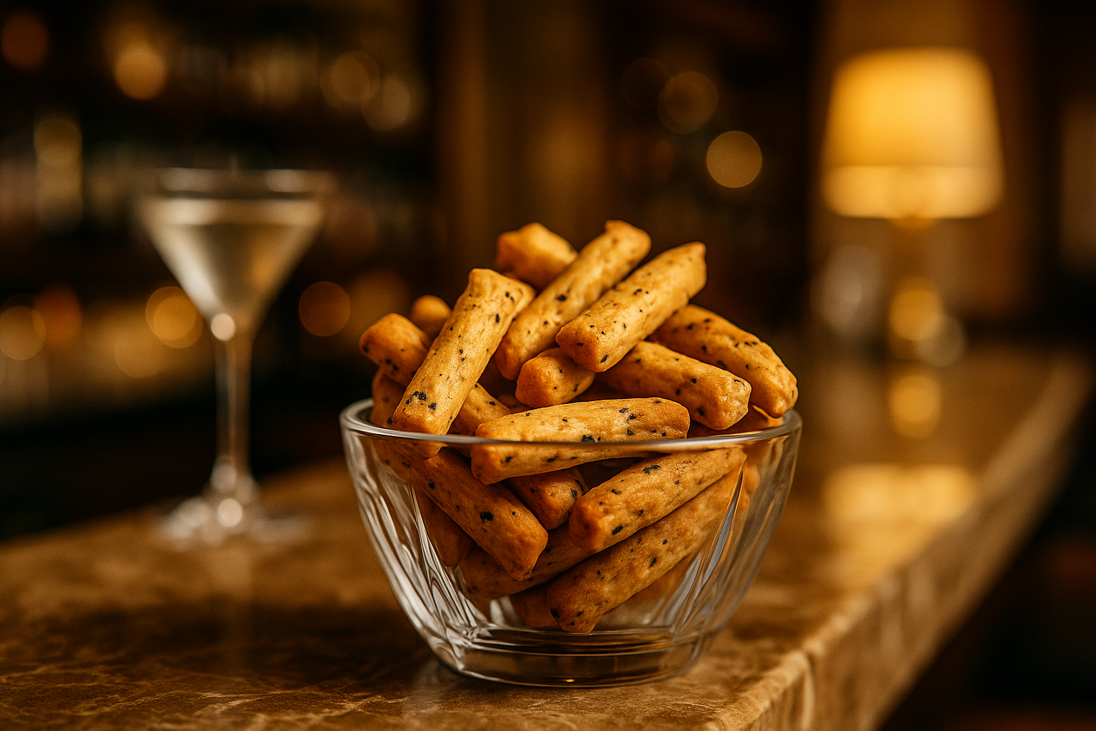 Reiscracker-Sticks in Glasschale – serviert in stilvoller Umgebung mit Cocktail im Hintergrund, ideal für Hotelbar oder Lounge.