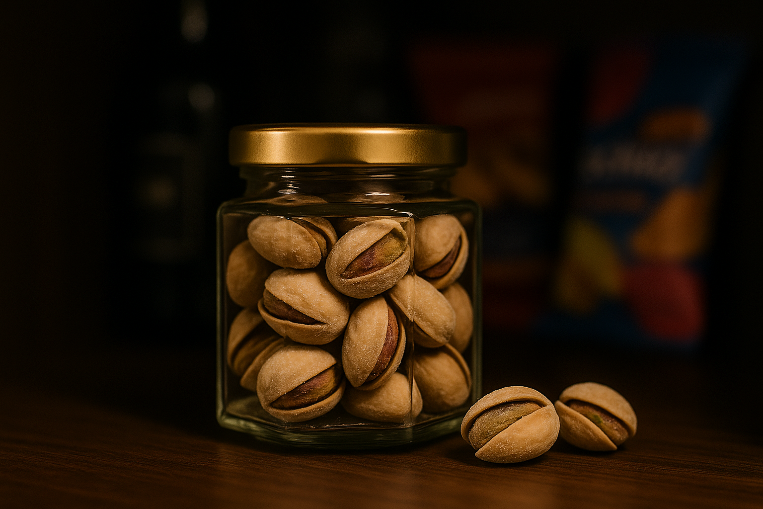 Elegantes Glas mit Pistazien, hochwertig verpackt – perfekte Lösung für Geschenkboxen, Konferenzräume und Hotelbars.