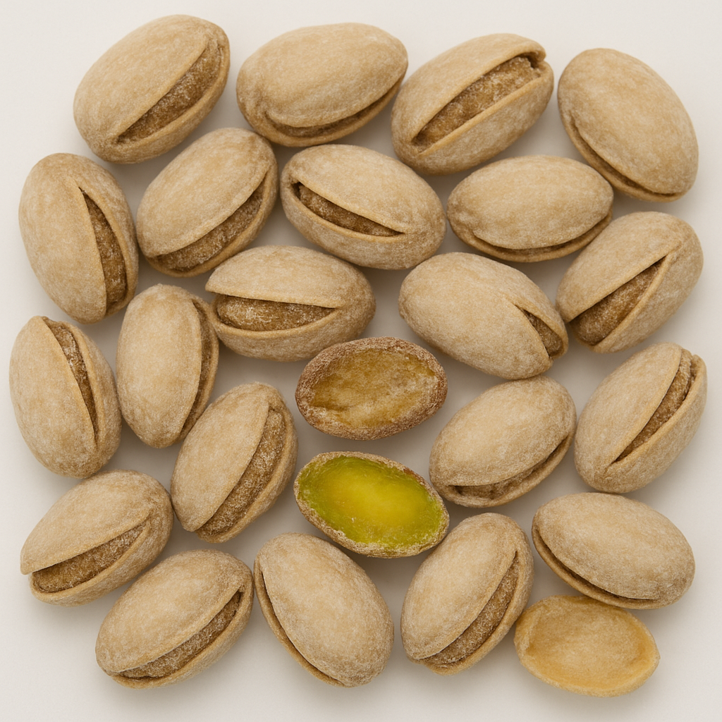 Auswahl an Pistazien, teils geöffnet, mit intensivem Nusskern – gesunder Snack für Unternehmen und Gästepräsente.