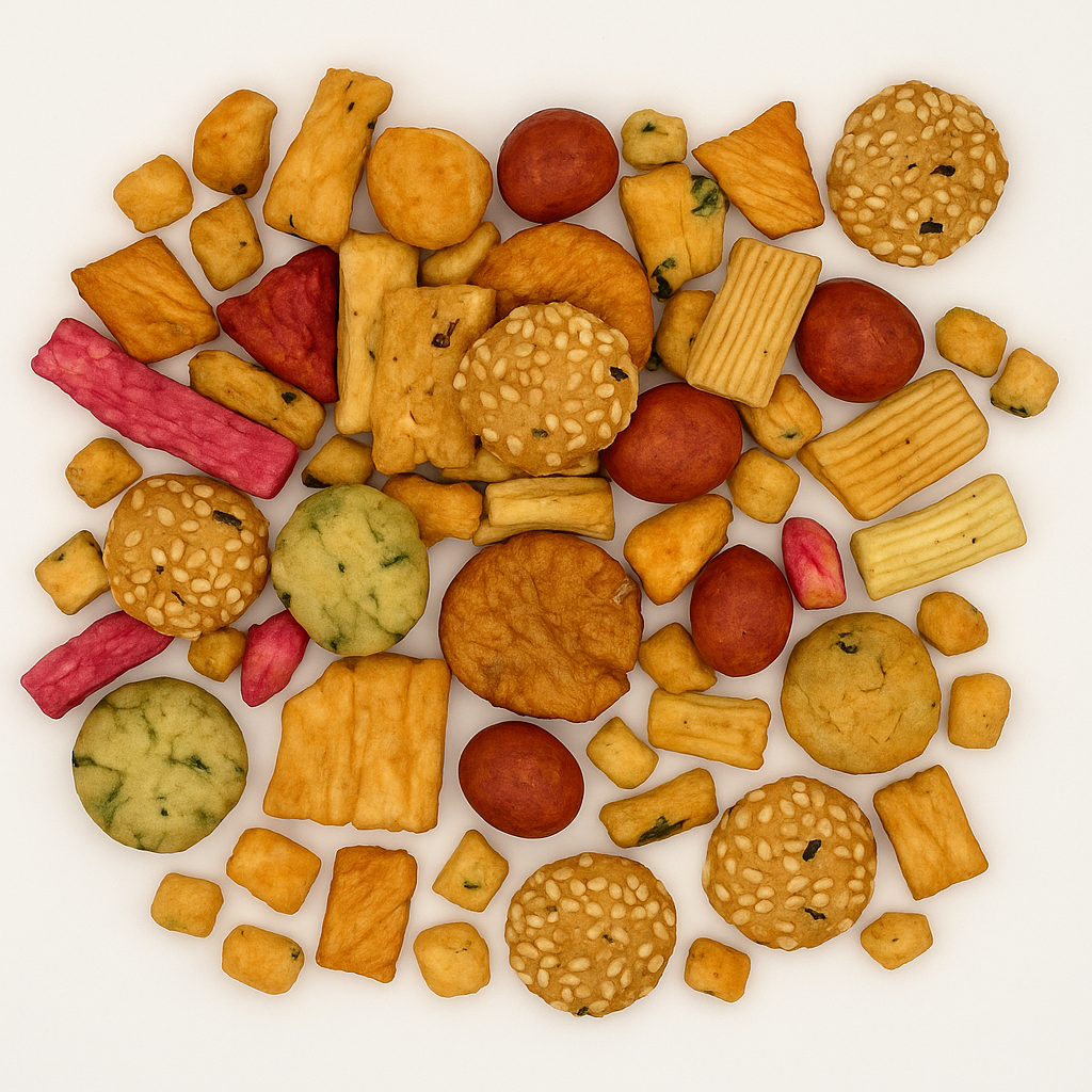 Vielfältiger Asia-Snackmix von oben fotografiert: Reiscracker, Sesamkugeln, rote und grüne Knusperstücke sowie Erdnüsse.