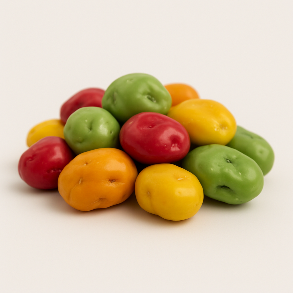 Haufen farbiger Schokorosinen mit glänzender Glasur – fruchtig-süßer Snack für Gäste und Lounges.