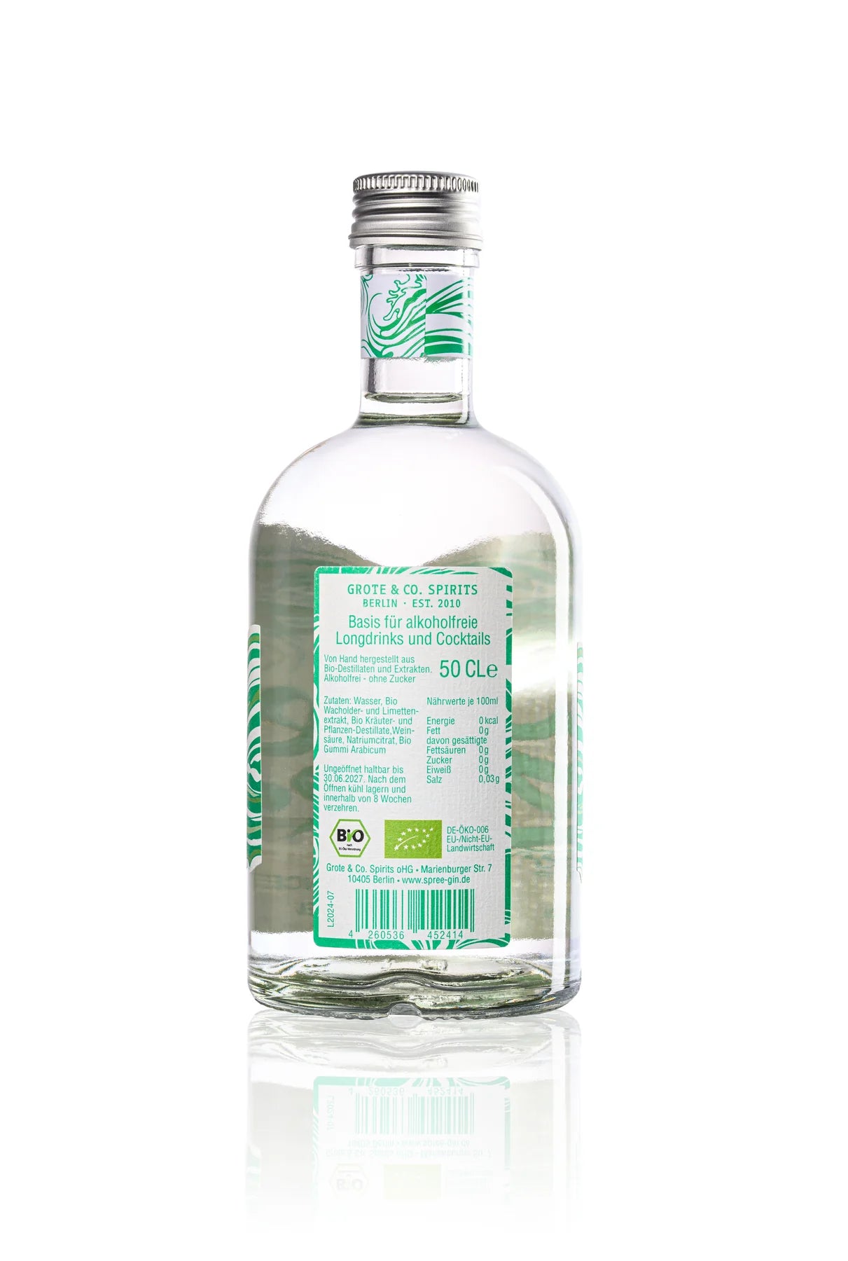 Spree Gin Zero alkoholfrei – die 500ml-Flasche in eleganter Präsentation auf weißem Hintergrund, ein Berliner Manufakturprodukt für stilvollen Genuss ohne Umdrehungen.