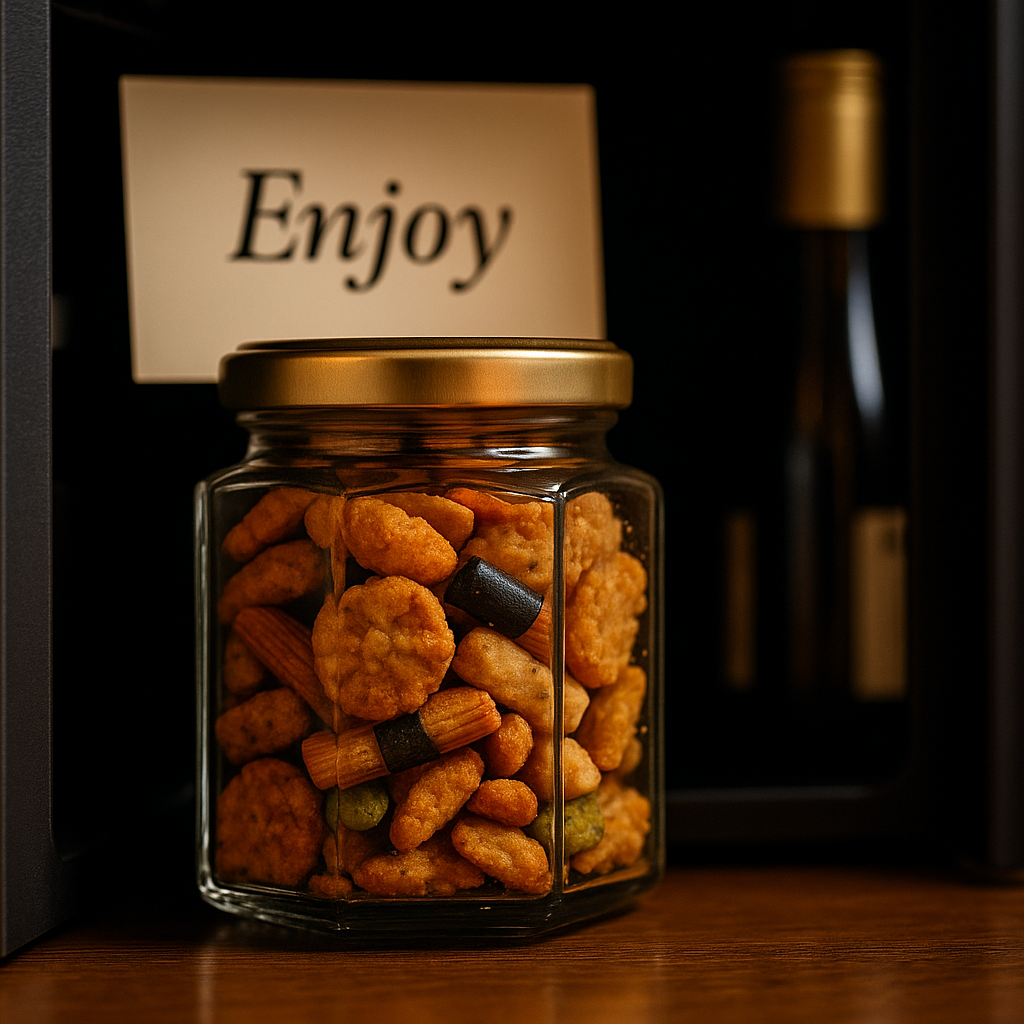 Reiscracker-Mix im Glas mit Golddeckel – Premium-Snackidee für Minibars, Events und Geschenkboxen.