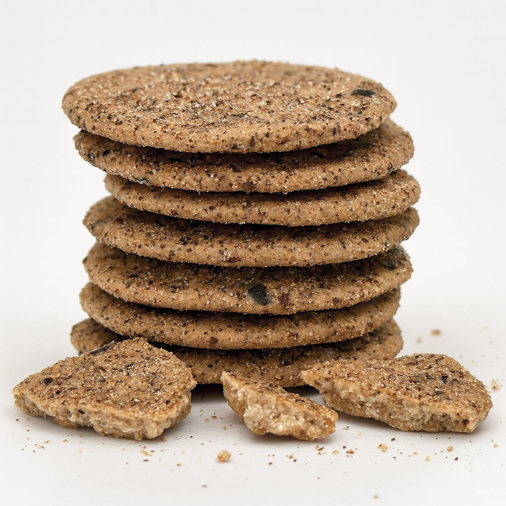 Gestapelte Pfeffer-Sesam-Cracker mit Bruchstücken – aromatischer Snack für Business-Catering und Feinkostboxen.