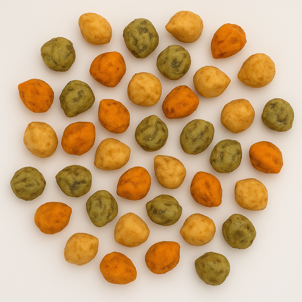 Detailaufnahme der Ravioli-Mix-Erdnüsse in Orange, Grün und Beige – auffälliger Snack für Konferenzen und Business-Catering.