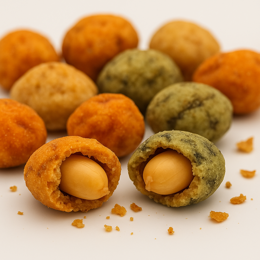 Aufgebrochene Erdnüsse im Teigmantel mit sichtbarem Kern – würzige Knabberei für Minibar und Gästebegrüßung.