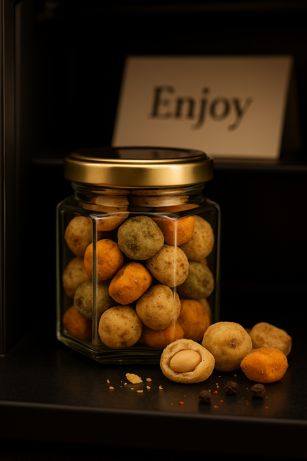 Erdnuss-Mix im Glas mit Golddeckel – edle Verpackung für Geschenkboxen, Tagungspausen und Firmen-Events.