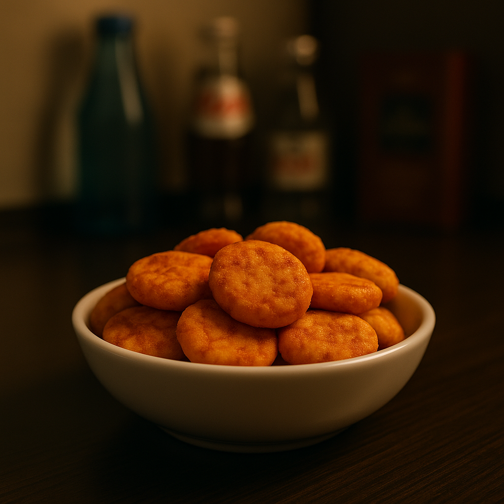 Schale mit gebackenen Chili-Reissnacks – perfekte Option für Minibar, Tagungspausen und Geschenkboxen.