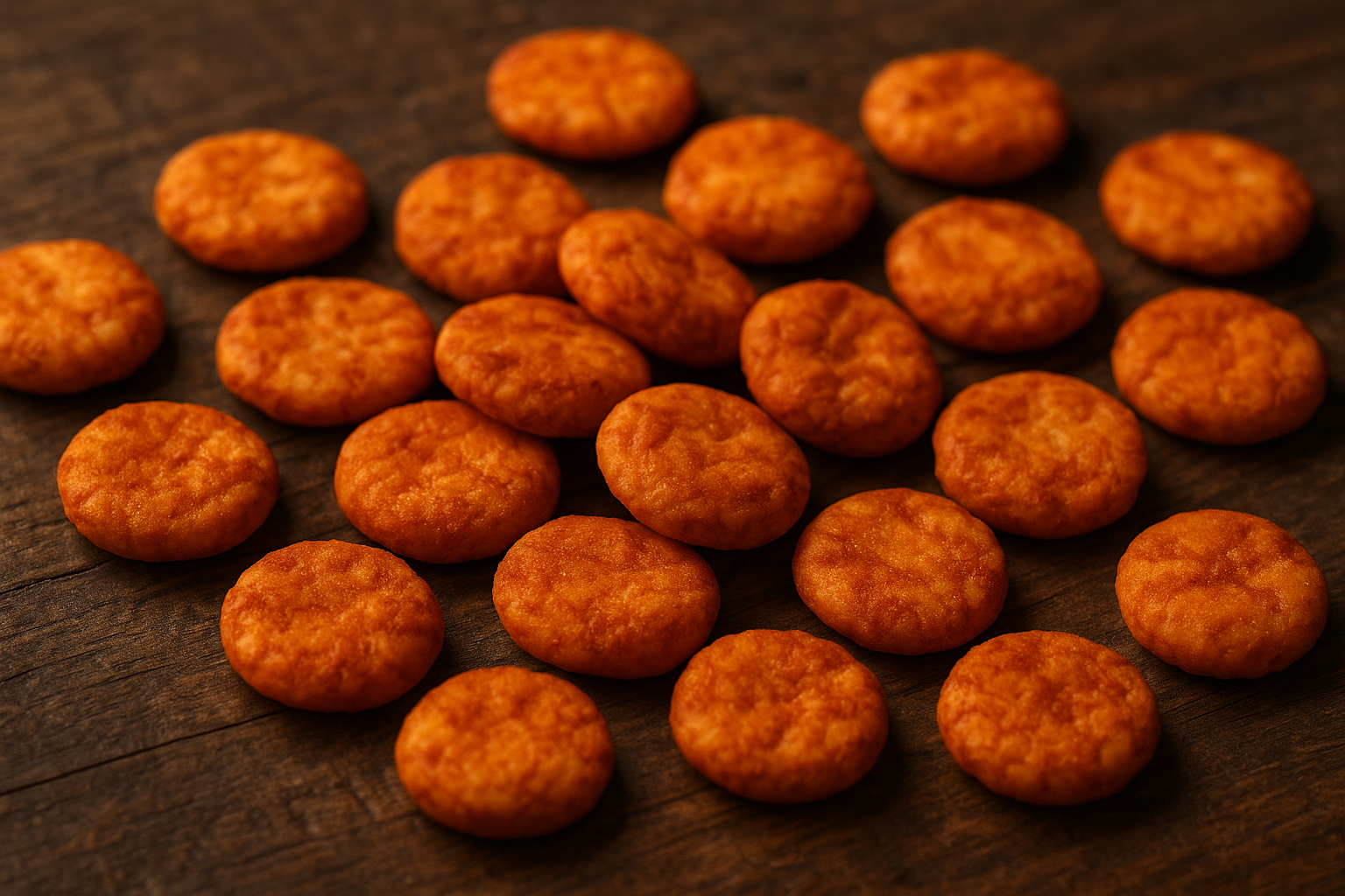 Reissnacks mit Chili auf rustikalem Holztisch – glutenfreie Knabberei für Unternehmen und Gästeaufmerksamkeiten.