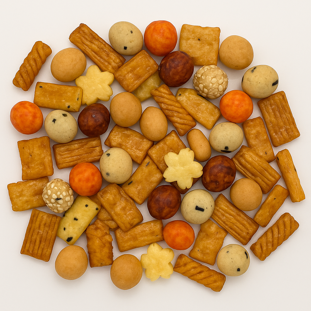 Asia-Mix aus Cracker-Variationen, Sesam und Erdnüssen – knuspriger Premium-Snack für Minibar und Business-Catering.