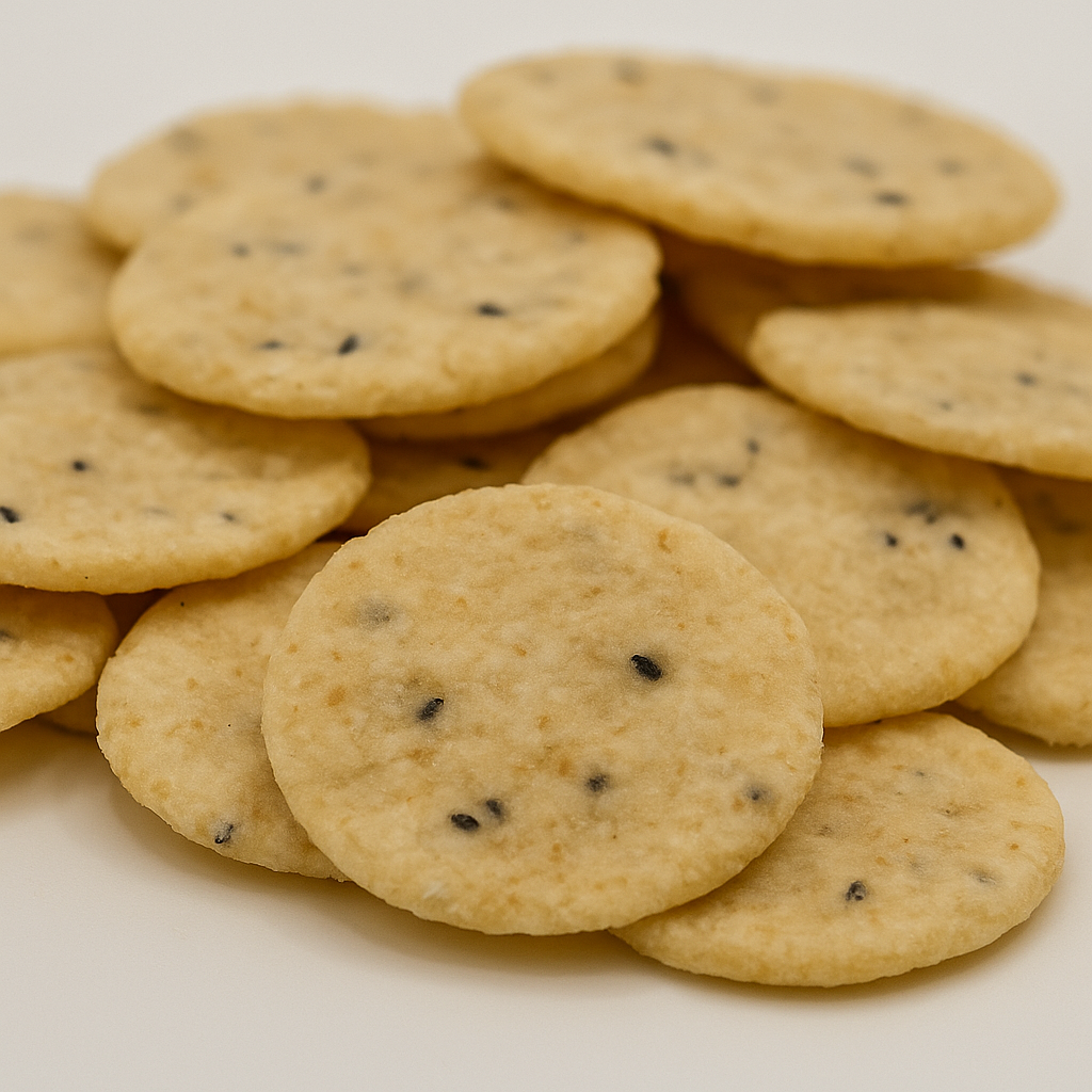 Runde Cracker mit sichtbaren Sesam- und Pfefferstückchen – würzige Knabberei für Hotels, Lounges und Konferenzen.