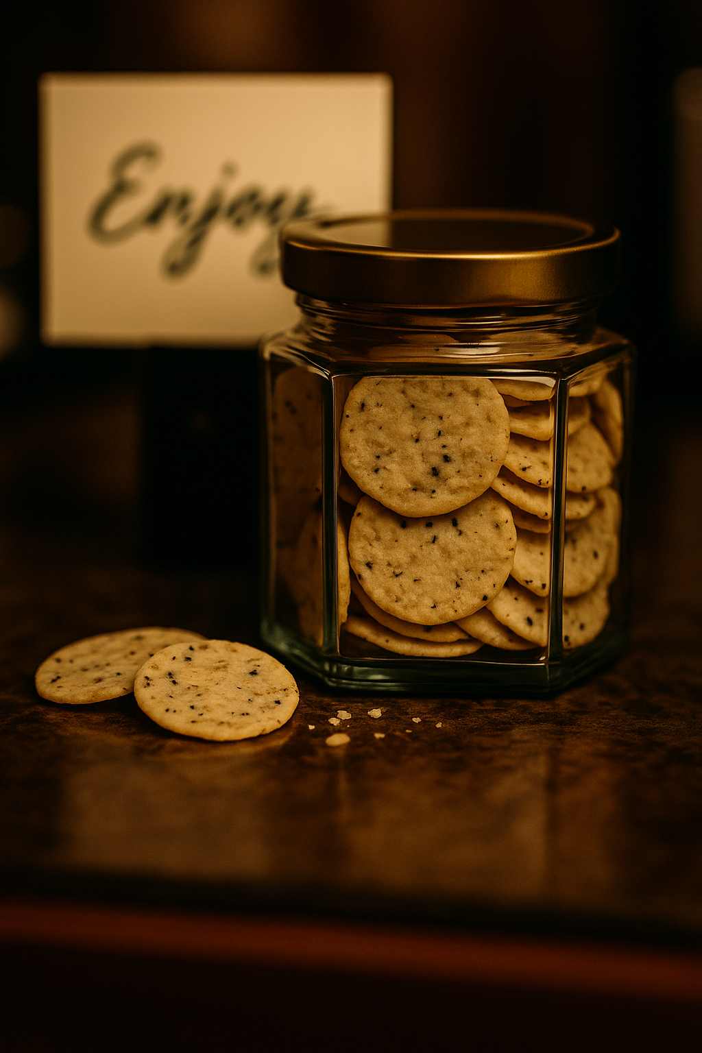 Reiscracker mit Sesam im Glas mit Golddeckel – edel verpackter Snack für Geschenkboxen und Gästeaufmerksamkeiten.