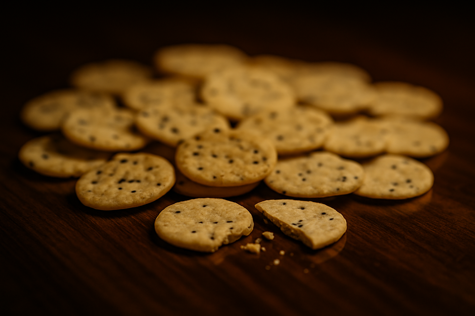 Reiscracker auf Holztisch, teils angebrochen – glutenfreie Alternative für Business-Snacks und Tagungspausen.