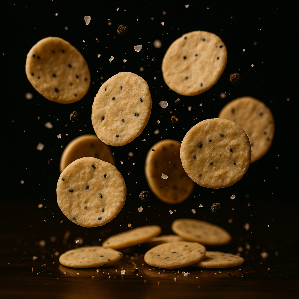 Dynamisch inszenierte Sesam-Pfeffer-Cracker mit grobem Salz – auffälliger Premium-Snack für Unternehmen und Hotellerie.