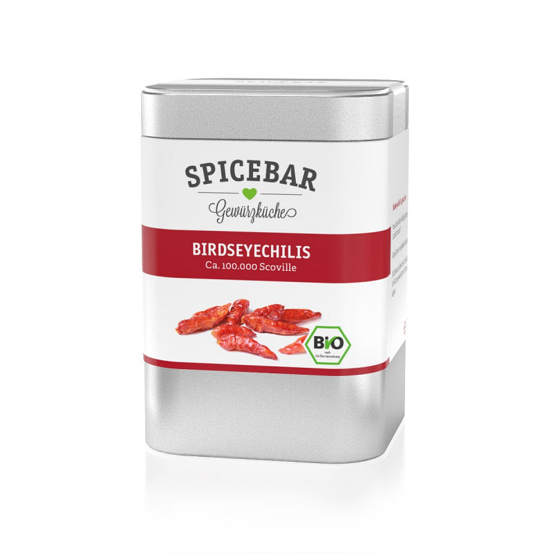 Silberne Gewürzdose von Spicebar mit der Aufschrift „Birdseyechilis – Ca. 100.000 Scoville“, BIO-Qualität, frontal freigestellt auf weißem Hintergrund.