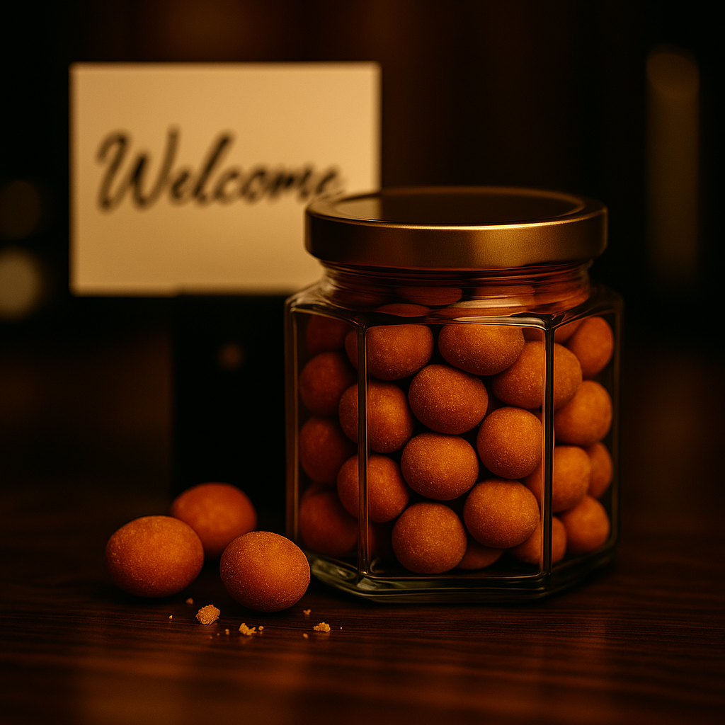 Glas mit BBQ-Chili-Erdnüssen als Willkommenssnack – ideal für Minibar, Tagungen und Geschenkboxen.