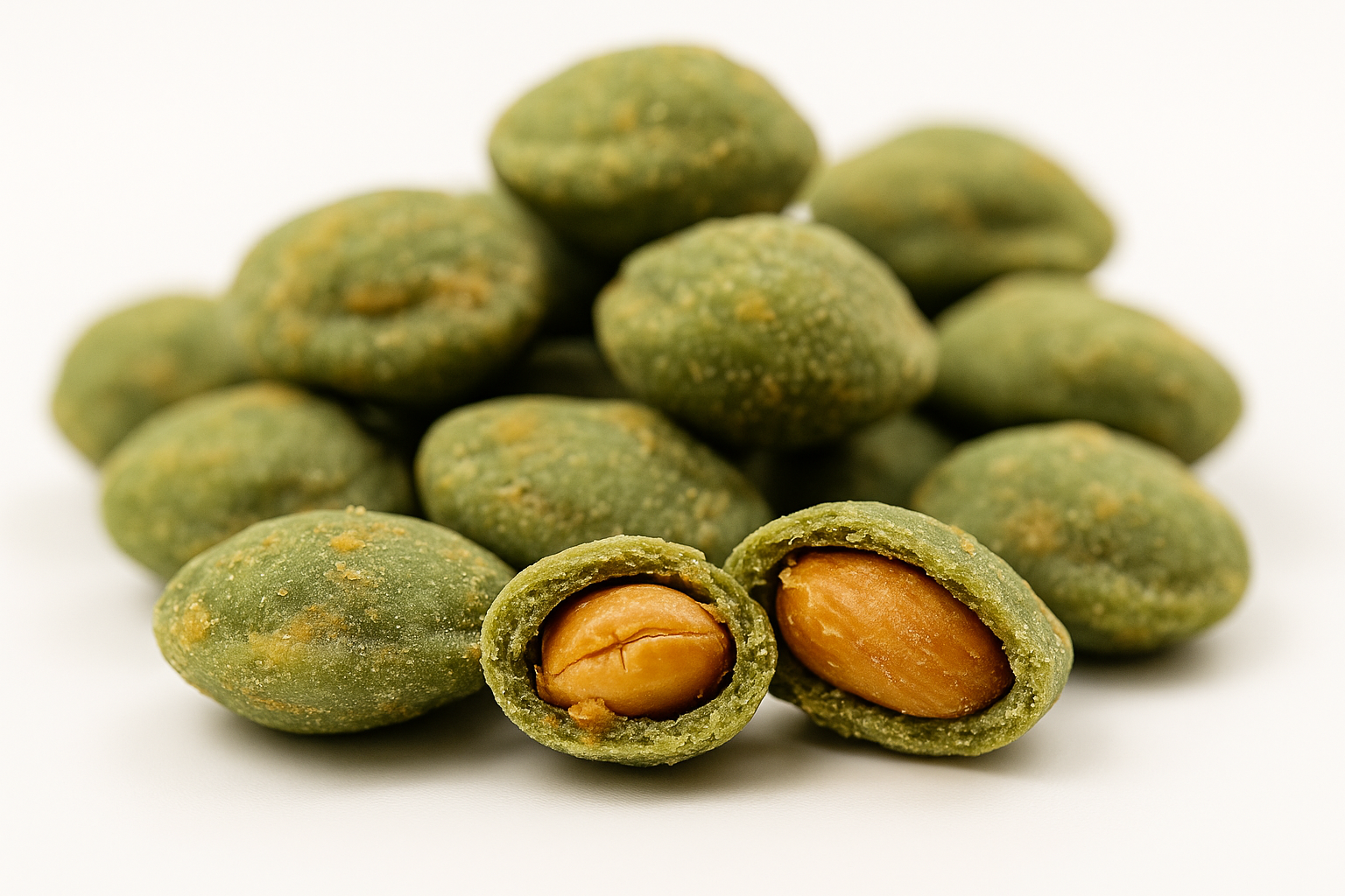 Aufgebrochene Wasabi-Erdnüsse mit sichtbarem Kern – würzig-scharfer Snack für Business-Catering und Gästeaufmerksamkeiten.