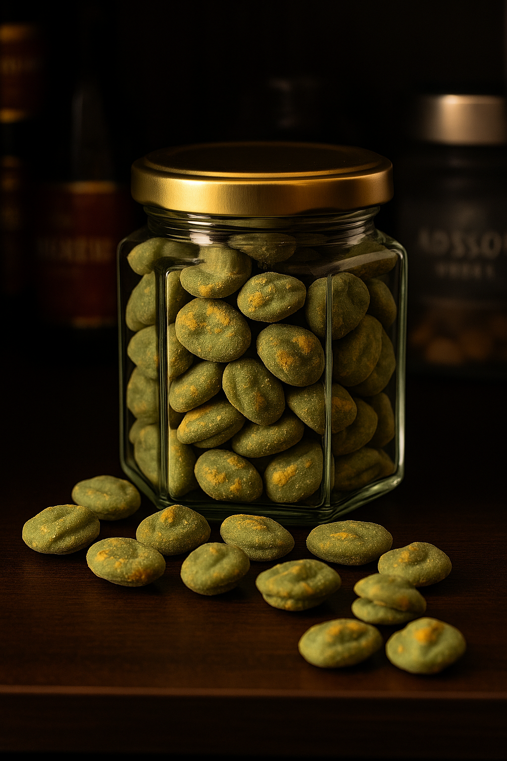 Wasabi-Erdnüsse im Glas mit Golddeckel – edle Verpackungsidee für Minibar, Geschenkboxen und Firmenpräsente.