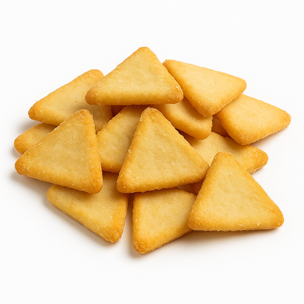 Knusprige Reiscracker in Dreiecksform mit Salz-und-Essig-Geschmack – leichter Snack für Minibar und Business-Catering.