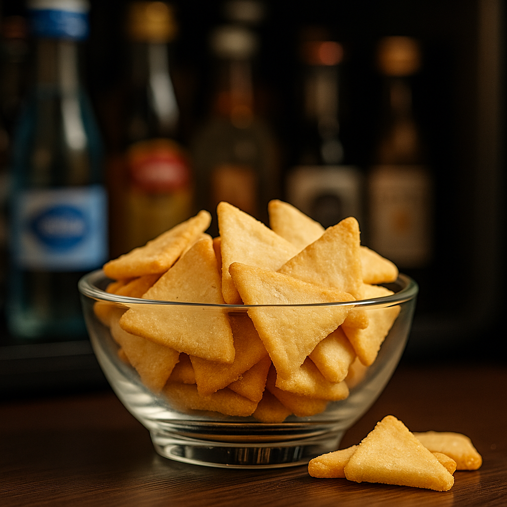 Schale mit Reiscrackern in Dreiecksform – trendiger Snack für Lounge, Bar oder kreative Geschenkboxen.