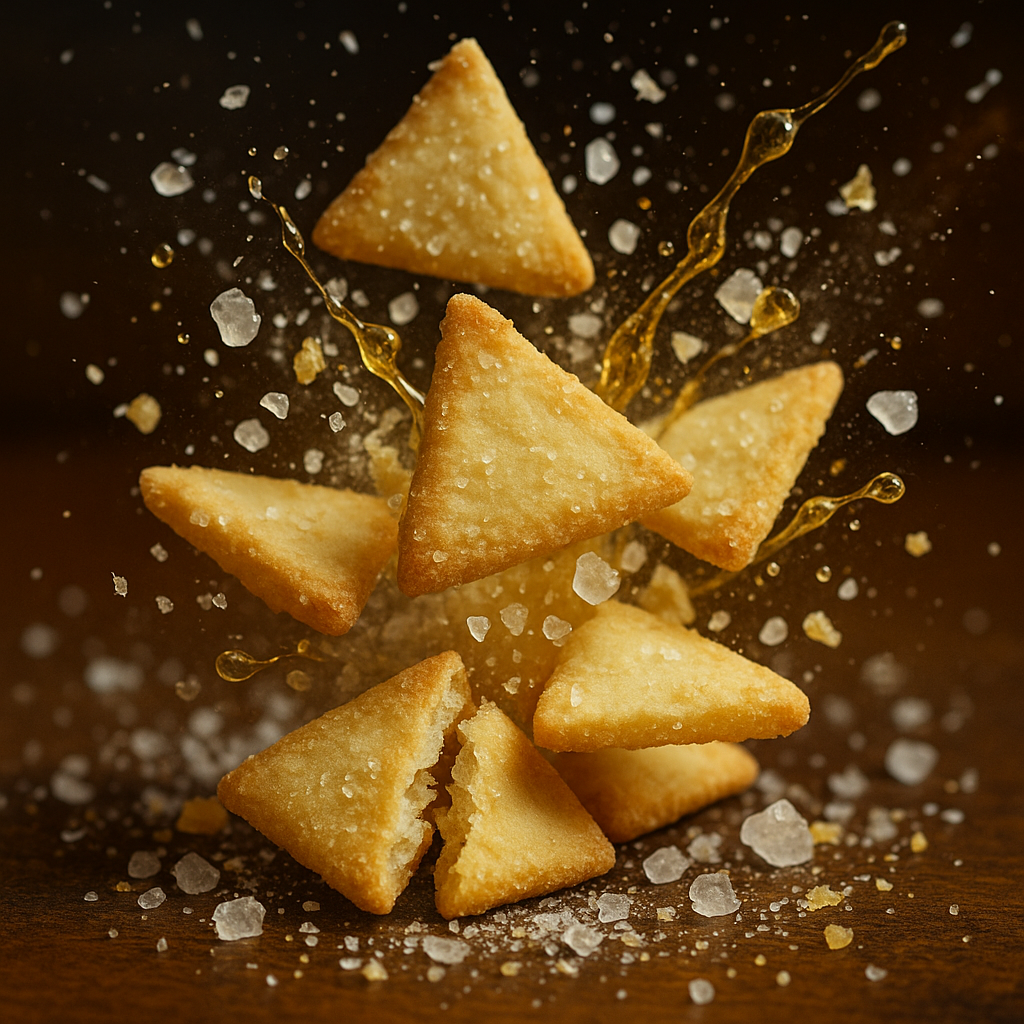 Salz-und-Essig-Cracker im Detail mit grobem Meersalz – optisch auffälliger Premium-Snack für Unternehmen und Gäste.