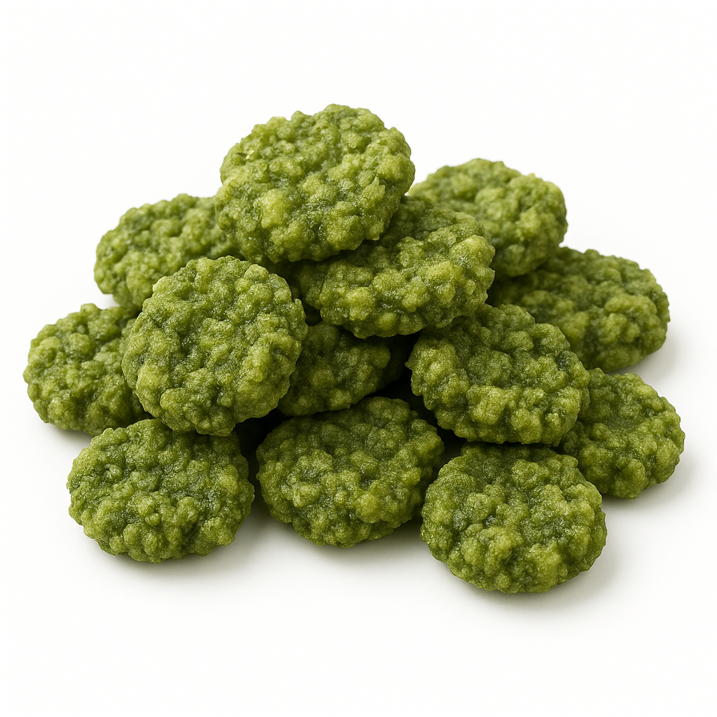 Leuchtend grüne Wasabi-Reiscracker, frittiert und knusprig – perfekter Snack für Hotelbars und Business-Catering.