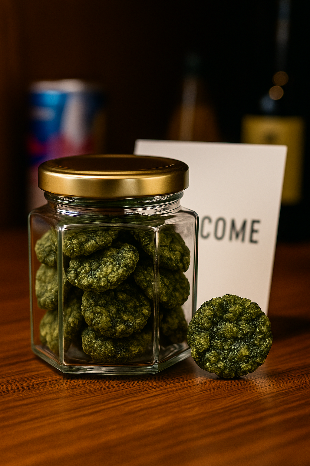 Reiscracker mit Wasabi, elegant im Glas mit Golddeckel – ideal für Minibar, Konferenzräume und Gästebegrüßung.