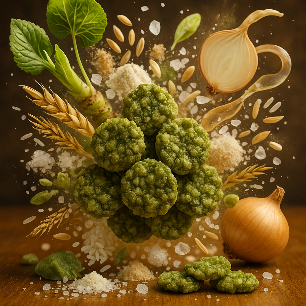 Inszenierte Wasabi-Cracker mit Reis, Zwiebel und Gewürzen – veganer Premium-Snack für Hotels, Lounges und Geschenkboxen.