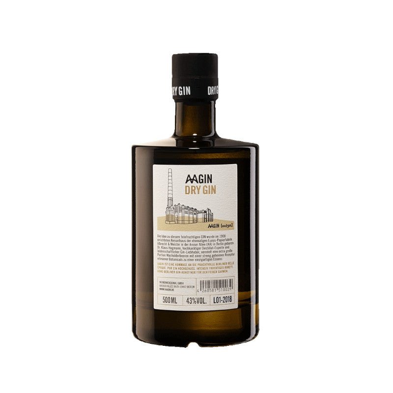 AAGin Dry Gin Rückseite mit Tasting Notes, Botanicals und Angaben zur Manufaktur im Berliner Kesselhaus | AAGin Dry 0,5l 43% vol. - BERLINER MANUFAKTUREN BUSINESS SERVICES
