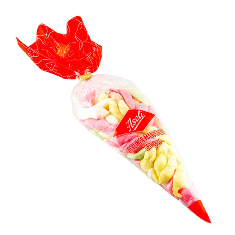 Spitztüte mit bunten Mini-Mäusen aus Schaumzucker von Aseli, verpackt in transparenter Folie mit rotem Aufdruck und bunter Verschlussfolie