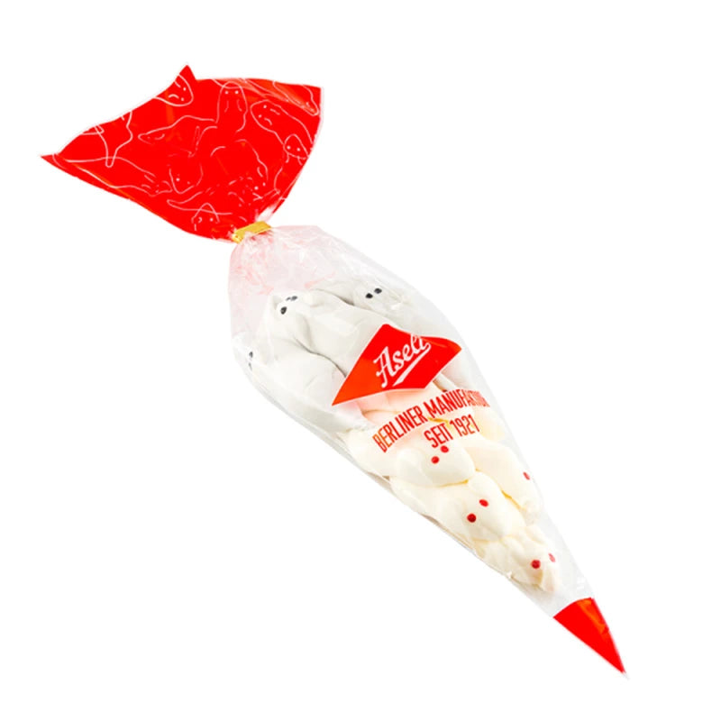 Tüte mit weißen Aseli Riesenmäusen aus Schaumzucker in transparenter Spitzverpackung mit rotem Etikett und Aufdruck „Berliner Manufaktur seit 1921“.