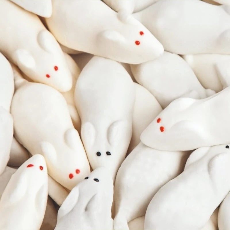 Detailaufnahme von weißen Schaumzuckermäusen mit roten und schwarzen Augen, eng aneinandergereiht.