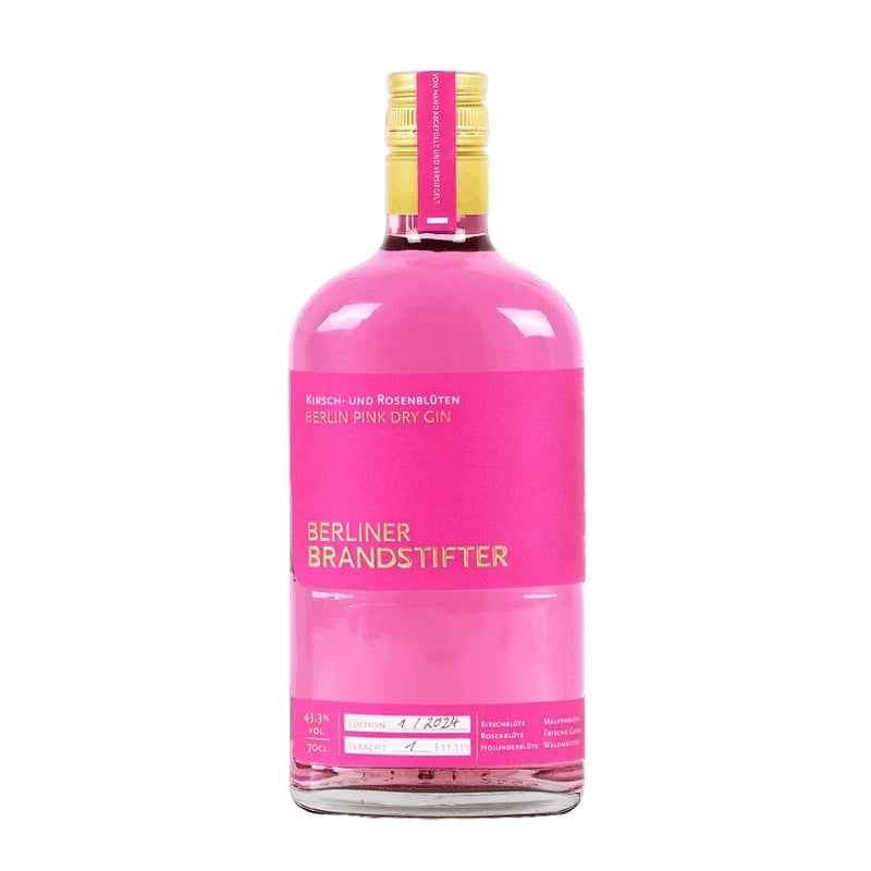 „Flasche Berliner Brandstifter Berlin Pink Dry Gin, 700 ml, mit pinker Etikettierung und goldfarbenem Verschluss – Kirsch- und Rosenblüten Gin aus Berlin.“
