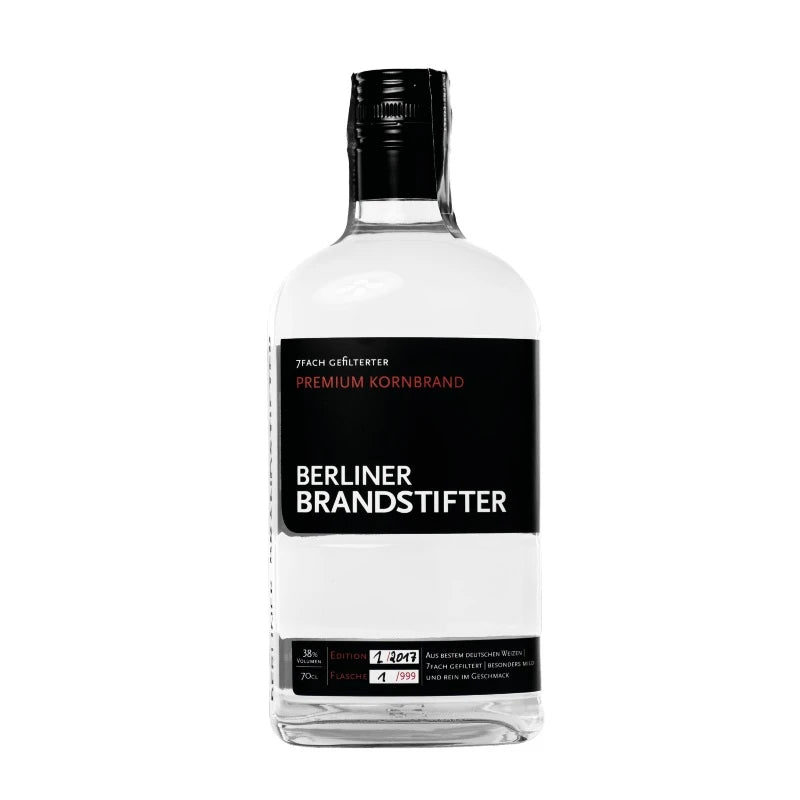 „Berliner Brandstifter Premium Kornbrand in klarer 0,7 l Flasche mit schwarzem Etikett und limitierter Editionsnummer“