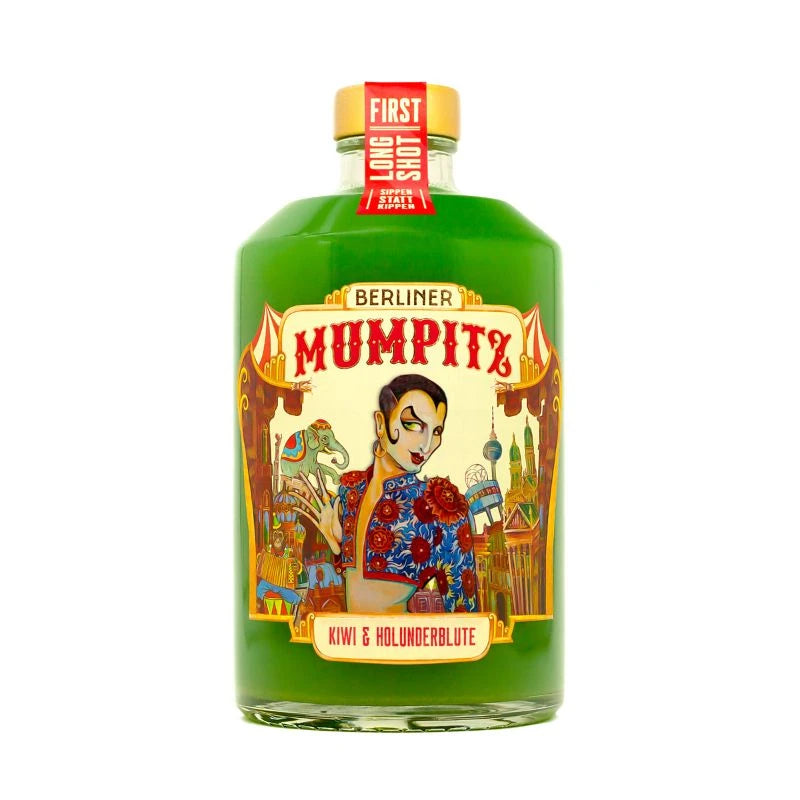 Berliner Mumpitz Smoothie-Likör Kiwi & Holunderblüte in der 0,2 l Flasche – grüner Fruchtlikör mit bunter Etikettenillustration im Berliner Zirkus-Stil.
