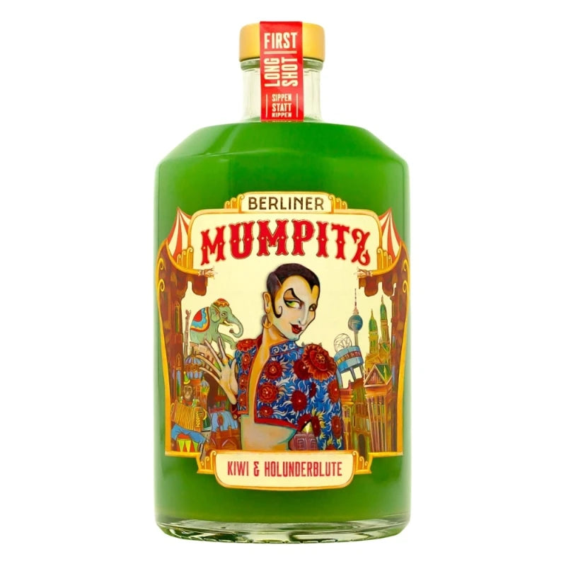 Berliner Mumpitz Smoothie-Likör in der Geschmacksrichtung Kiwi & Holunderblüte, 0,7l-Flasche mit leuchtend grünem Inhalt und kunstvollem Etikett mit Berliner Varieté-Motiv.