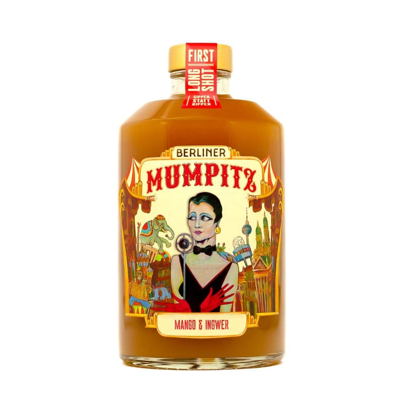 Berliner Mumpitz Smoothie-Likör Mango & Ingwer in der 0,2 l Flasche – orangener Fruchtlikör mit auffälligem Etikett im nostalgischen Jahrmarktstil.