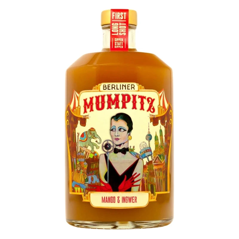 Flasche Berliner Mumpitz Mango & Ingwer, ein leuchtend orangefarbener Smoothie-Likör mit kunstvoller Etikettengrafik im Berliner Varieté-Stil und der Aufschrift „Mango & Ingwer“.