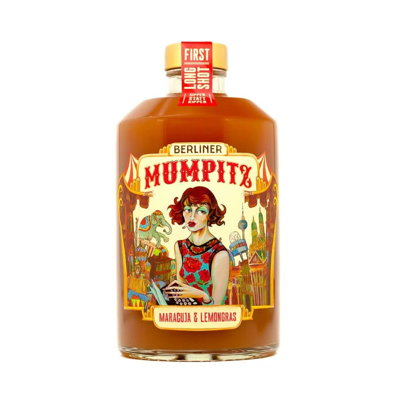 Berliner Mumpitz Smoothie-Likör Maracuja & Lemongras in der 0,2 l Flasche – fruchtiger Likör mit farbenfrohem Retro-Label im Varieté-Stil.