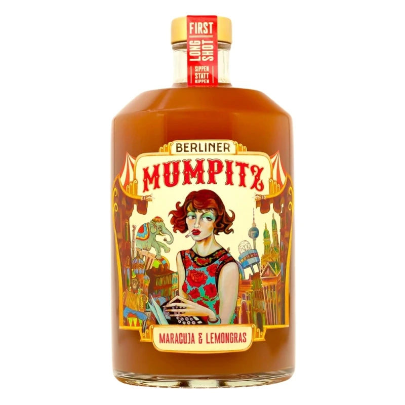 Berliner Mumpitz Maracuja & Lemongras – Smoothie-Likör in leuchtend orangener Farbe mit kunstvoller Etikettengrafik und goldfarbenem Verschluss, 700 ml
