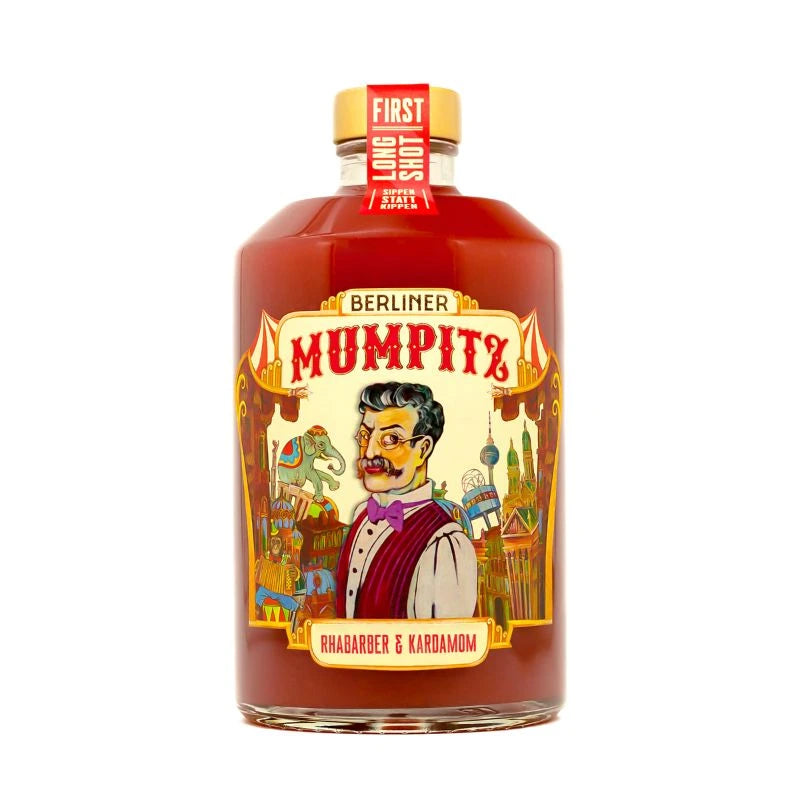 Berliner Mumpitz Smoothie-Likör Rhabarber & Kardamom in der 0,2 l Flasche – Fruchtiger Likör aus Berlin mit auffälligem Retro-Etikett im Zirkusdesign.