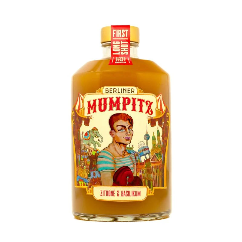 Berliner Mumpitz Smoothie-Likör Zitrone & Basilikum in der 0,2 l Flasche – Berliner Likör mit natürlicher Zitrusnote und auffälligem Etikett im Zirkusdesign.