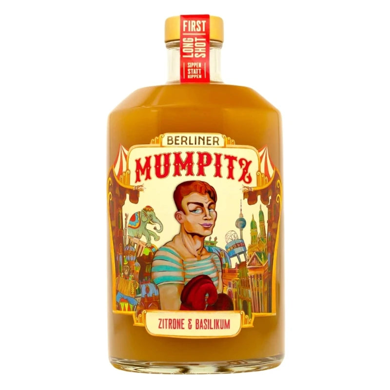 Flasche Berliner Mumpitz Smoothie-Likör mit Zitrone & Basilikum, 0,7 l – kunstvoll gestaltetes Etikett mit Boxerfigur im Retro-Stil vor Berliner Skyline.