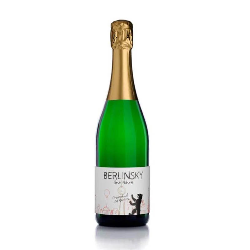 Berlinsky Sekt Brut Nature 0,75 l – elegante Sektflasche mit goldener Folienkapsel und stilvollem Berliner Etikett. Trocken, charakterstark und handwerklich hergestellt – ideal für Hotellerie, Businesskunden und besondere Anlässe.