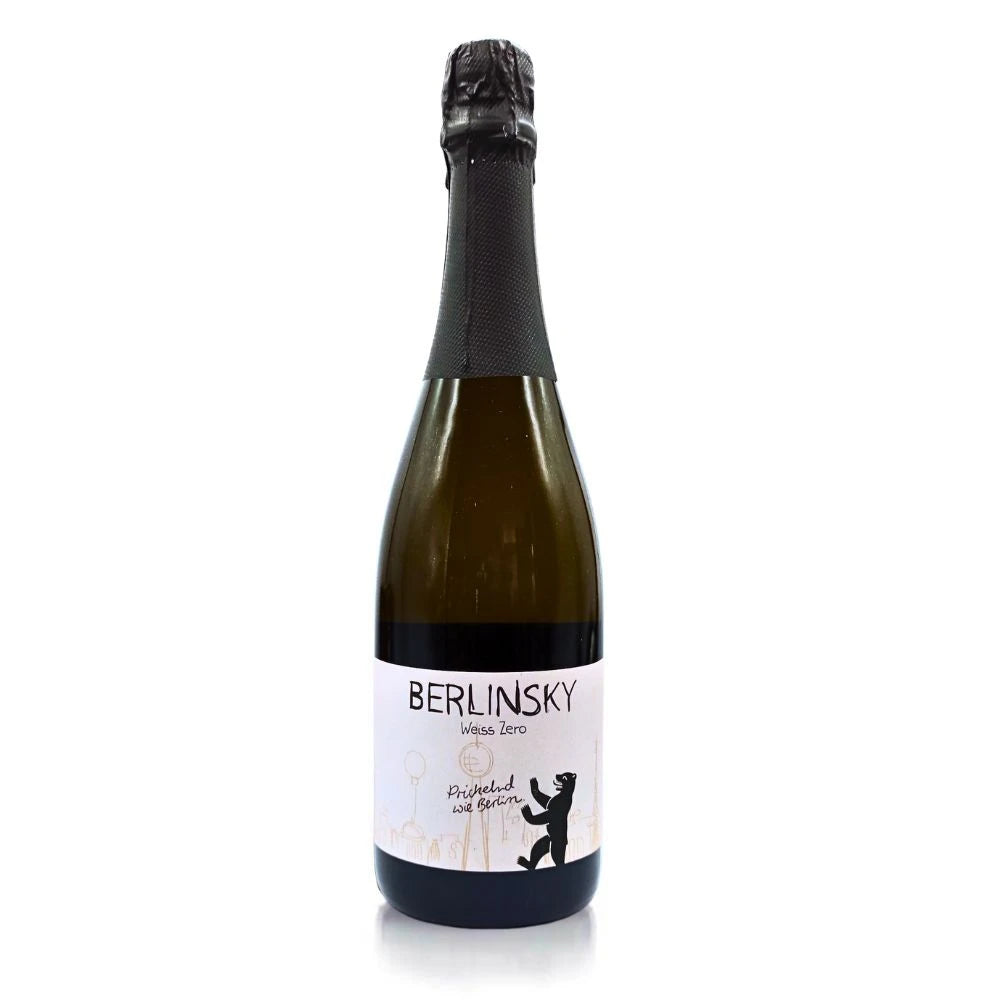 Berlinsky Weiss Zero 0,75 l – elegante Schaumweinflasche mit schwarzer Kapsel und modernem Etikett im Berliner Design. Alkoholfrei, regional und prickelnd – ideal für stilvolle Anlässe ohne Promille.